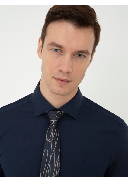 Erkek Lacivert Slim Fit Uzun Kollu Basic Gömlek 50242782-VR033