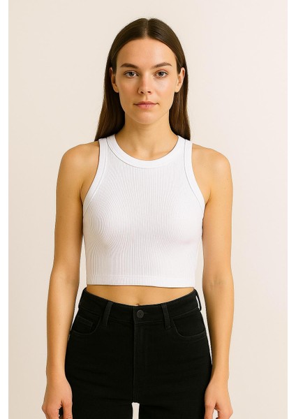 2025 Summer Kısa Kolsuz Crop %95 Pamuk %5 Elastan Slim Fit