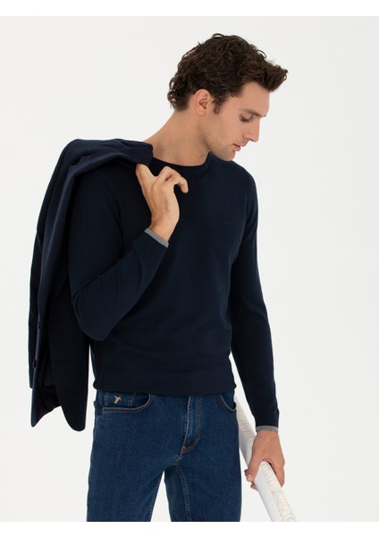 Erkek Lacivert Slim Fit Bisiklet Yaka Basic Triko Kazak 50245040-VR033