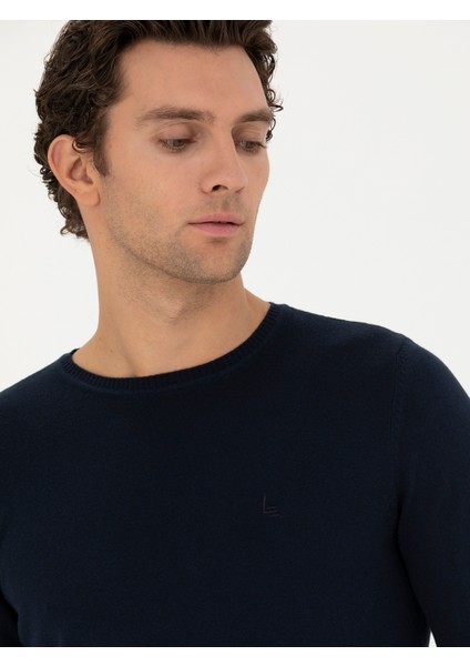 Erkek Lacivert Slim Fit Bisiklet Yaka Basic Triko Kazak 50245040-VR033