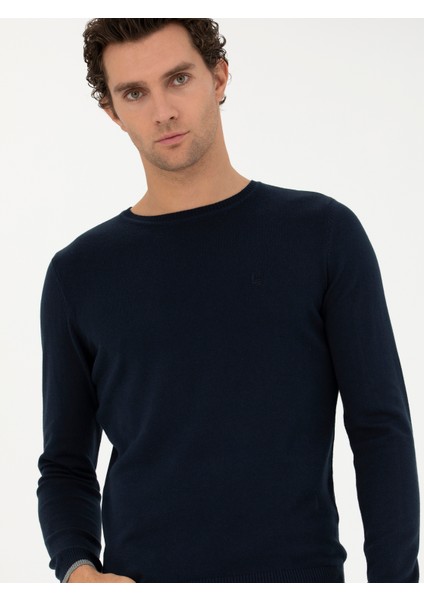 Erkek Lacivert Slim Fit Bisiklet Yaka Basic Triko Kazak 50245040-VR033