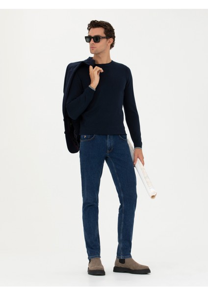 Erkek Lacivert Slim Fit Bisiklet Yaka Basic Triko Kazak 50245040-VR033
