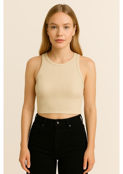 2025 Summer Kısa Kolsuz Crop %95 Pamuk %5 Elastan Slim Fit