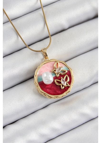 316L Çelik Zincir Zirkon Taşlı Asorti Sanatsal Portre Inci Detaylı Kelebek Figürlü Model Gold Renk Kadın Kolye