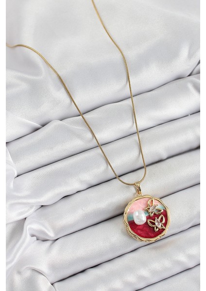 316L Çelik Zincir Zirkon Taşlı Asorti Sanatsal Portre Inci Detaylı Kelebek Figürlü Model Gold Renk Kadın Kolye fiyatları