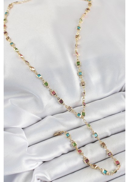 Pirinç Asorti Kare Model Gold Renk Zirkon Taşlı Y Kolye fiyatları