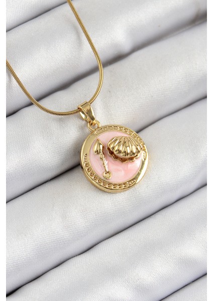 316L Çelik Zincir Pembe Mineli Sanatsal Portre Istiridye Model Gold Renk Kadın Kolye