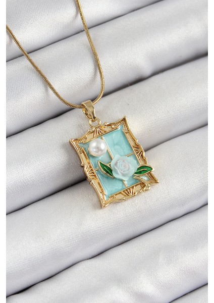 316L Çelik Zincir Turkuaz Sanatsal Portre Inci Detaylı Gül Figürlü Model Gold Renk Kadın Kolye