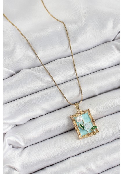 316L Çelik Zincir Turkuaz Sanatsal Portre Inci Detaylı Gül Figürlü Model Gold Renk Kadın Kolye fiyatları