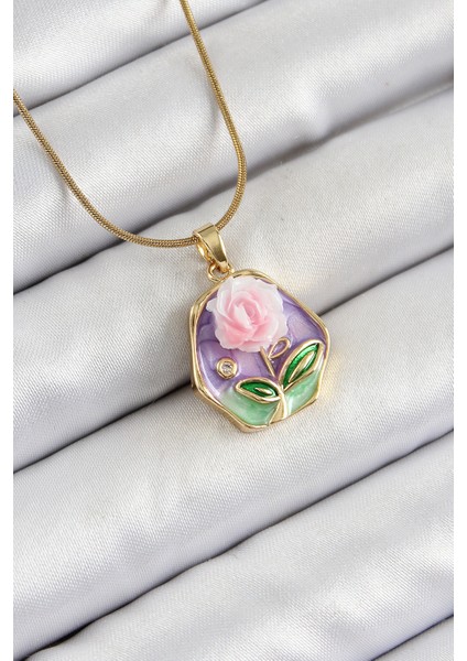 316L Çelik Zincir Zirkon Taşlı Pembe ve Mor Sanatsal Portre Gül Figürlü Beşgen Model Gold Renk Kadın Kolye
