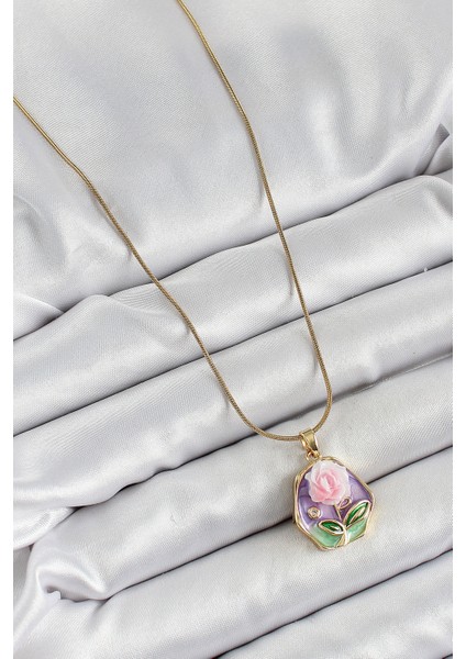 316L Çelik Zincir Zirkon Taşlı Pembe ve Mor Sanatsal Portre Gül Figürlü Beşgen Model Gold Renk Kadın Kolye fiyatları