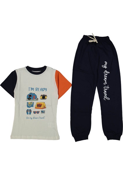 Erkek Çocuk Ekru Füme Yakalı Kamp Baskılı Pijama Takımı - 1013845