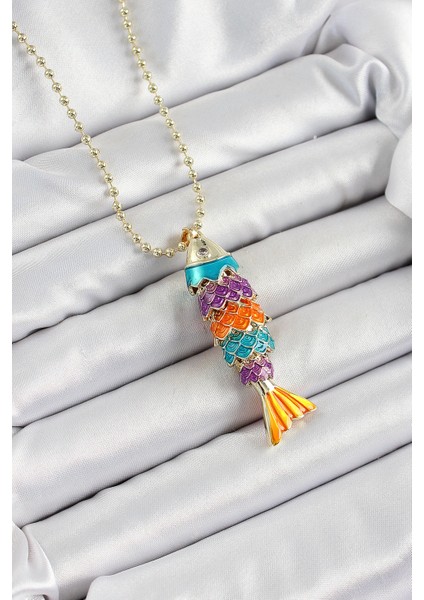 Pirinç Rainbow Balık Model Zirkon Taşlı Gold Renk Kadın Kolye