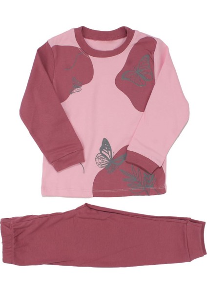 Kız Çocuk Pembe Mor Kelebek Baskılı 2'li Pijama Takımı - 1014740