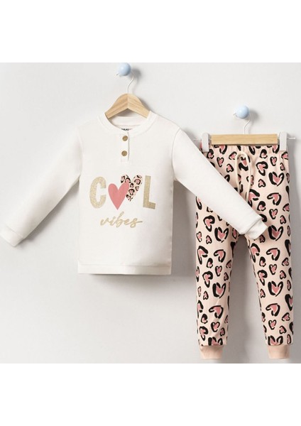 Kız Çocuk Ekru Kahverengi Cool Kalp Baskılı 2'li Pijama Takımı - 1014735