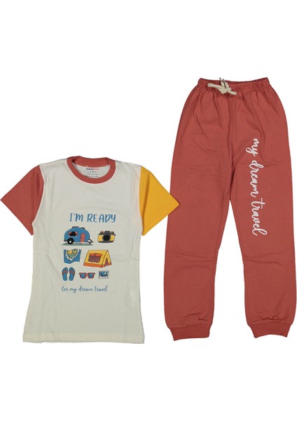 Erkek Çocuk Ekru Turuncu Kamp Baskılı Pijama Takımı - 1013846