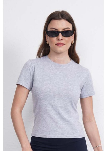 Crop Slim Fit Pamuk Likra Tişört-Gri Melanj