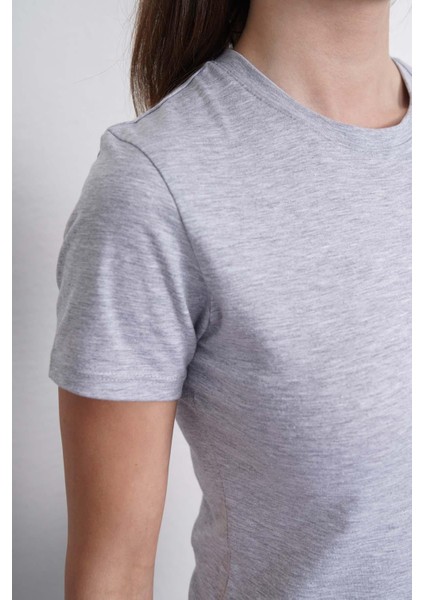 Crop Slim Fit Pamuk Likra Tişört-Gri Melanj modelleri