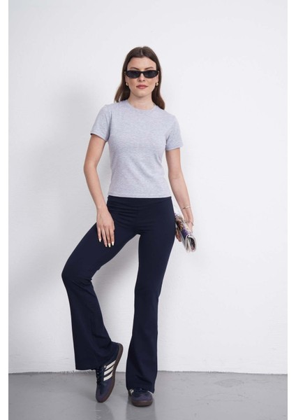 Crop Slim Fit Pamuk Likra Tişört-Gri Melanj fırsatları