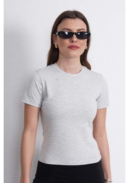 Crop Slim Fit Pamuk Likra Tişört-Kar Melanj