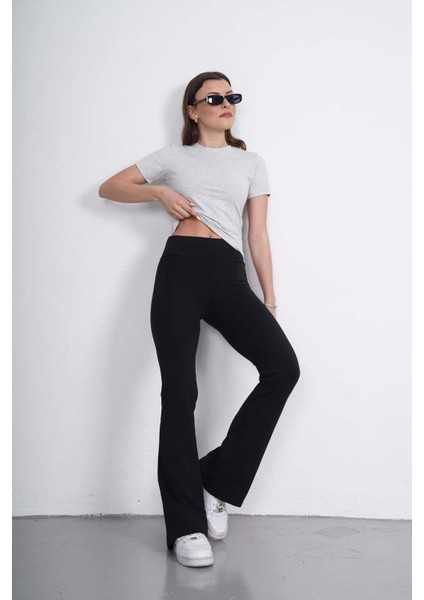 Crop Slim Fit Pamuk Likra Tişört-Kar Melanj