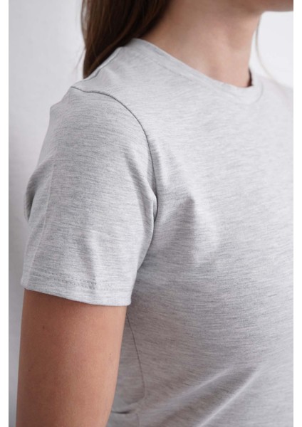 Crop Slim Fit Pamuk Likra Tişört-Kar Melanj fırsatları