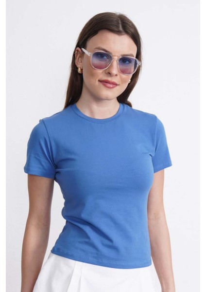 Crop Slim Fit Pamuk Likra Tişört-Koyu Mavi