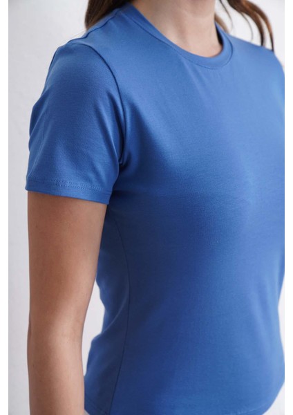 Crop Slim Fit Pamuk Likra Tişört-Koyu Mavi