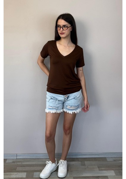 Viskon Dökümlü V Yaka Tişört-Kahverengi fiyatları