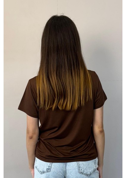 Viskon Dökümlü V Yaka Tişört-Kahverengi fırsatları