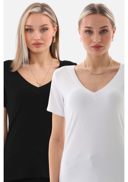 Viskon Dökümlü V Yaka 2'li Tişört-Siyah-Beyaz