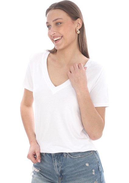 Viskon Dökümlü V Yaka 2'li Tişört-Siyah-Beyaz fırsatları