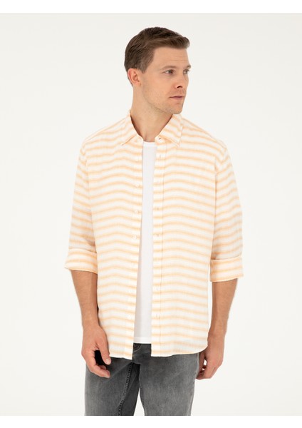 Erkek Turuncu Keten Karışımlı Slim Fit Uzun Kollu Gömlek 50247552-VR051