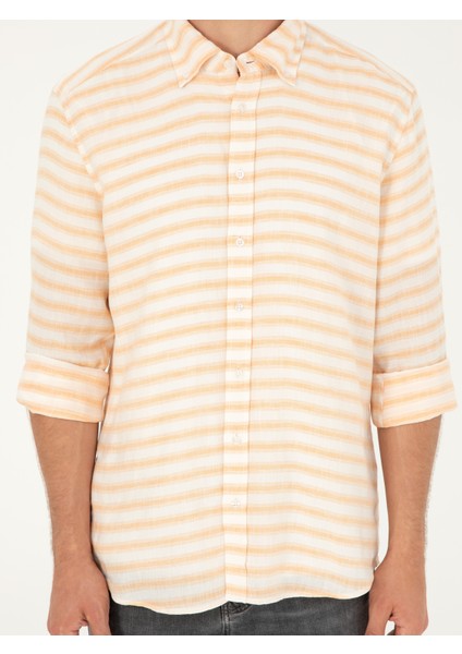 Erkek Turuncu Keten Karışımlı Slim Fit Uzun Kollu Gömlek 50247552-VR051