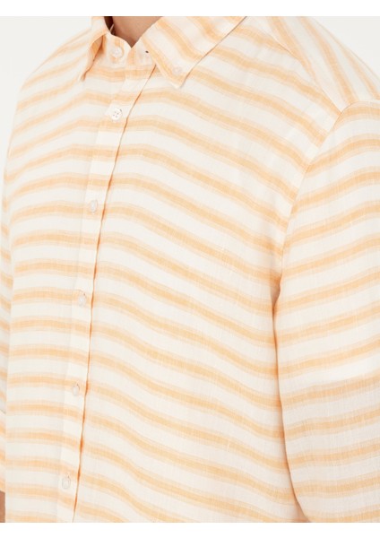 Erkek Turuncu Keten Karışımlı Slim Fit Uzun Kollu Gömlek 50247552-VR051