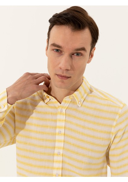 Erkek Sarı Keten Karışımlı Slim Fit Uzun Kollu Gömlek 50247552-VR044