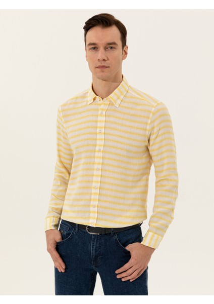 Erkek Sarı Keten Karışımlı Slim Fit Uzun Kollu Gömlek 50247552-VR044