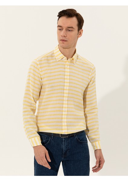 Erkek Sarı Keten Karışımlı Slim Fit Uzun Kollu Gömlek 50247552-VR044