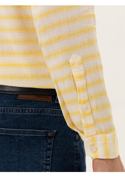 Erkek Sarı Keten Karışımlı Slim Fit Uzun Kollu Gömlek 50247552-VR044