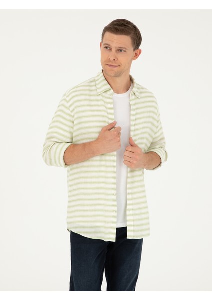 Erkek Yeşil Keten Karışımlı Slim Fit Uzun Kollu Gömlek 50247552-VR054