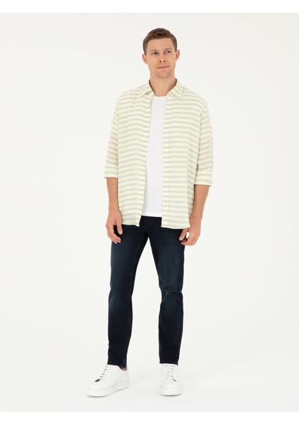 Erkek Yeşil Keten Karışımlı Slim Fit Uzun Kollu Gömlek 50247552-VR054 fırsatları