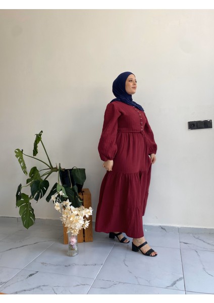 Şık Düğme Detaylı Müslin Elbise-Bordo