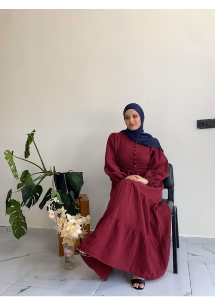 Şık Düğme Detaylı Müslin Elbise-Bordo fiyatları