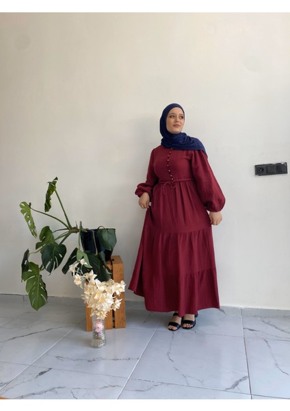Şık Düğme Detaylı Müslin Elbise-Bordo modelleri