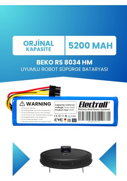 Beko Rs 8034 Hm Uyumlu Batarya (Standart Kapasite) 5200mah Robot Süpürge Bataryası