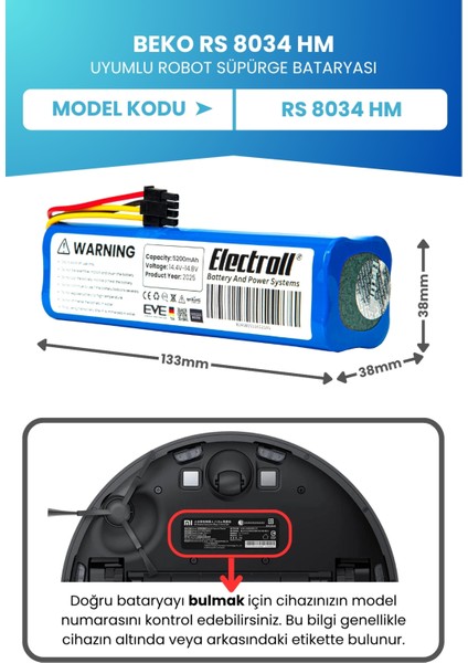 Beko Rs 8034 Hm Uyumlu Batarya (Standart Kapasite) 5200mah Robot Süpürge Bataryası fiyatları