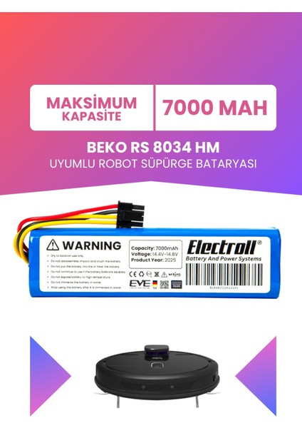 Beko Rs 8034 Hm Uyumlu Batarya (Maksimum Kapasite) 7000mah Robot Süpürge Bataryası