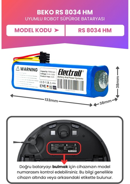 Beko Rs 8034 Hm Uyumlu Batarya (Maksimum Kapasite) 7000mah Robot Süpürge Bataryası fiyatları