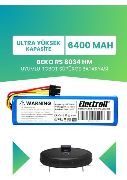Beko Rs 8034 Hm Uyumlu Batarya (Ultra Yüksek Kapasite) 6400mah Robot Süpürge Bataryası