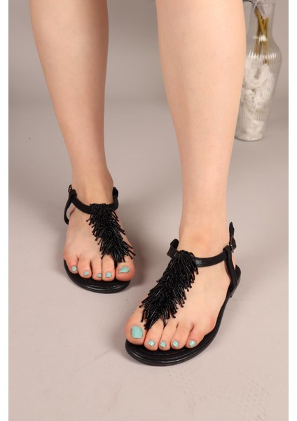 Floppy Sarkıt Boncuklu Parmak Arası Sandalet Siyah